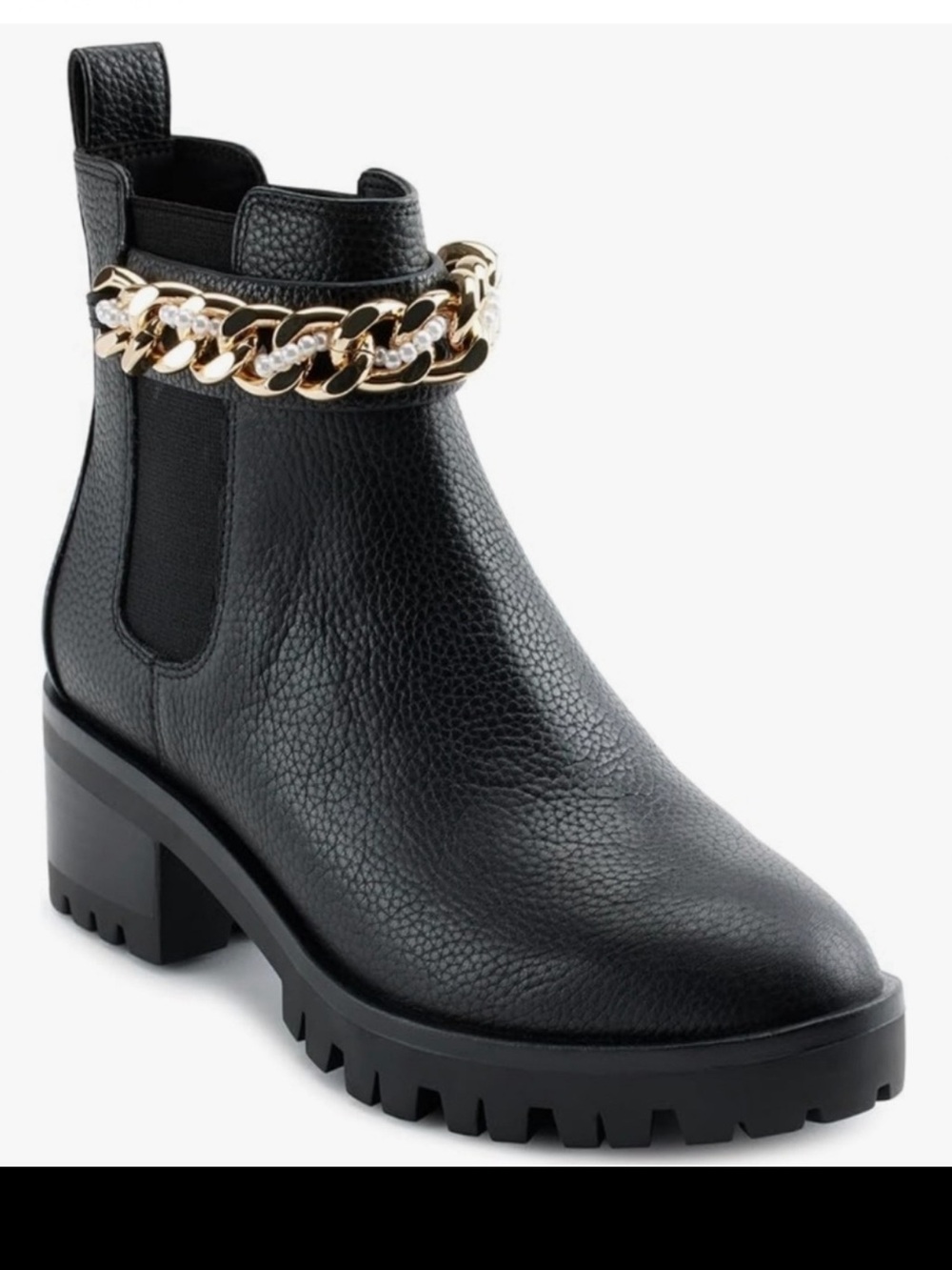 Karl Lagerfeld Black Leather Chelsea Boot with Gold Chain and Crystal Trim